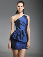 Dress Short Mini Sleeveless One Shoulder Taffeta Beading Ruffle