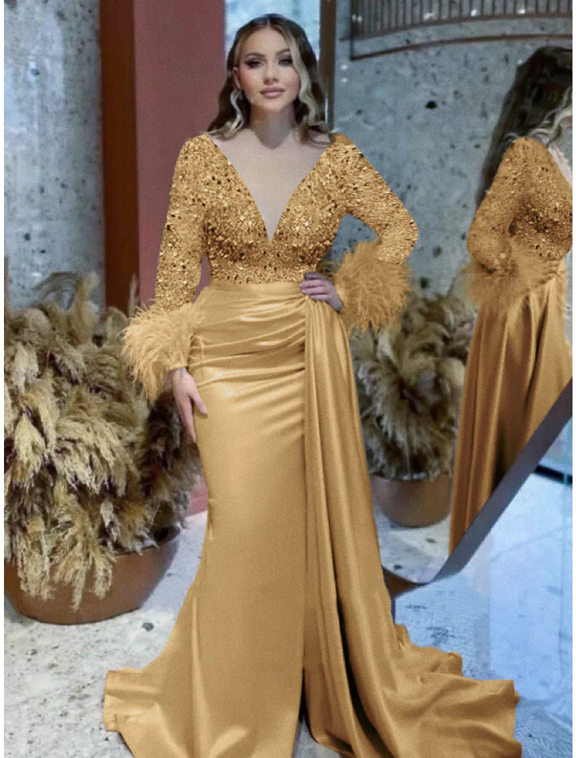 Mermaid / Trumpet Evening Gown Elegant Dress Formal Wedding Court Train Long Sleeve V Neck Satin with Feather Glitter Ruched