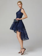 A-Line Hot Dress Wedding Guest Asymmetrical Sleeveless Illusion Neck Tulle with Appliques
