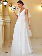Casual Wedding Dresses Floor Length A-Line Sleeveless Tulle Pleats