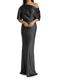 Elegant and tight fitting column shaped  woven satin pleats on one shoulder 1/2 sleeves and floor length bridal Mother of the Bride Dresses