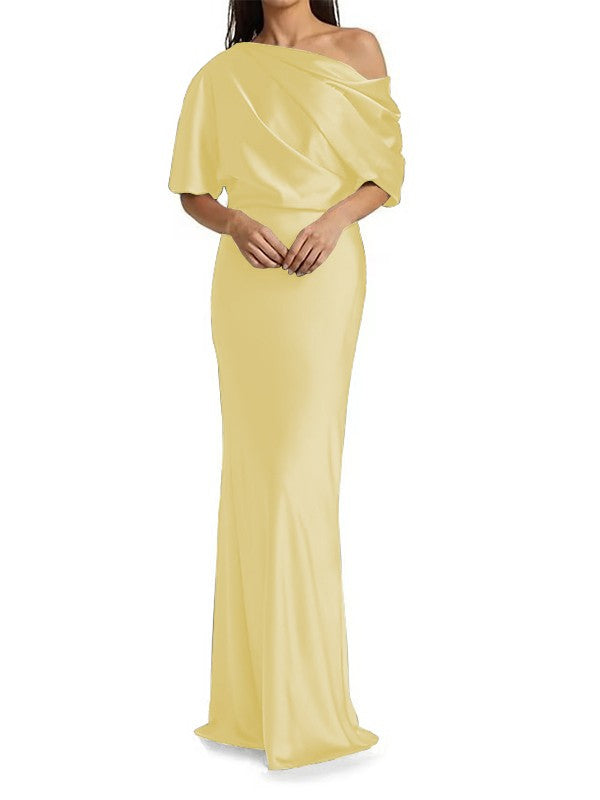 Elegant and tight fitting column shaped  woven satin pleats on one shoulder 1/2 sleeves and floor length bridal Mother of the Bride Dresses