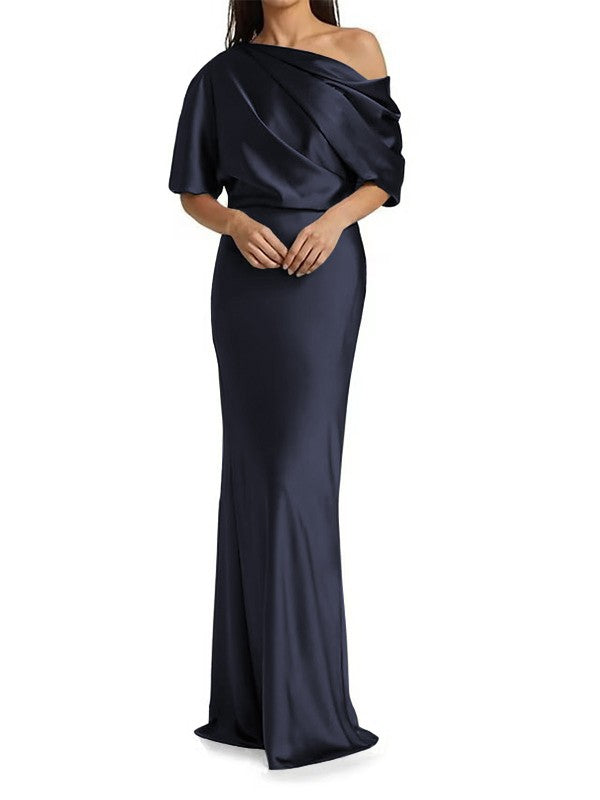 Elegant and tight fitting column shaped  woven satin pleats on one shoulder 1/2 sleeves and floor length bridal Mother of the Bride Dresses