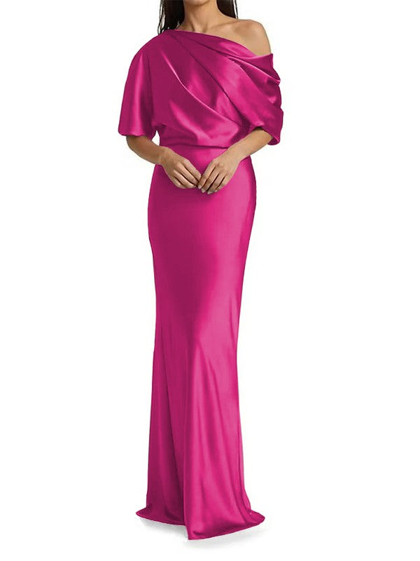 Elegant and tight fitting column shaped  woven satin pleats on one shoulder 1/2 sleeves and floor length bridal Mother of the Bride Dresses