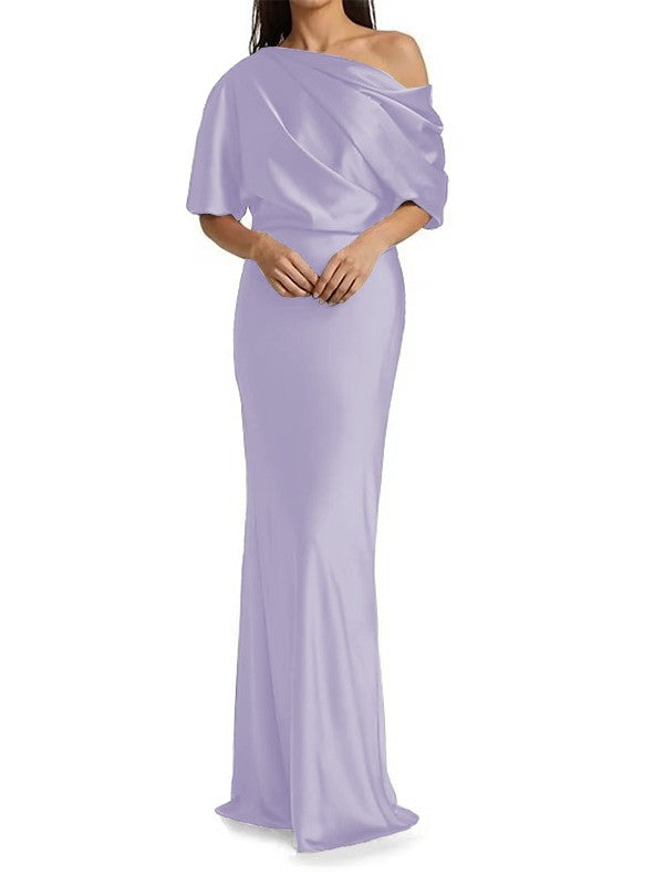 Elegant and tight fitting column shaped  woven satin pleats on one shoulder 1/2 sleeves and floor length bridal Mother of the Bride Dresses