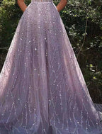A-Line Prom Dresses Sparkle & Shine Dress Formal Wedding Party Floor Length Sleeveless V Neck Sequined Backless with Sequin
