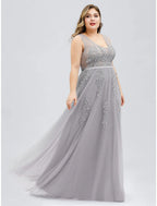 A-Line Prom Dresses Plus Size Dress Prom Floor Length Sleeveless V Neck Tulle V Back with Beading Appliques