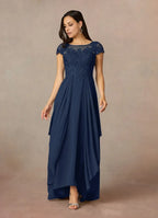 A-Line Scoop Neck Cap Sleeve Back Zip Asymmetrical-Length Mother of the Bride Dress