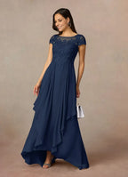 A-Line Scoop Neck Cap Sleeve Back Zip Asymmetrical-Length Mother of the Bride Dress