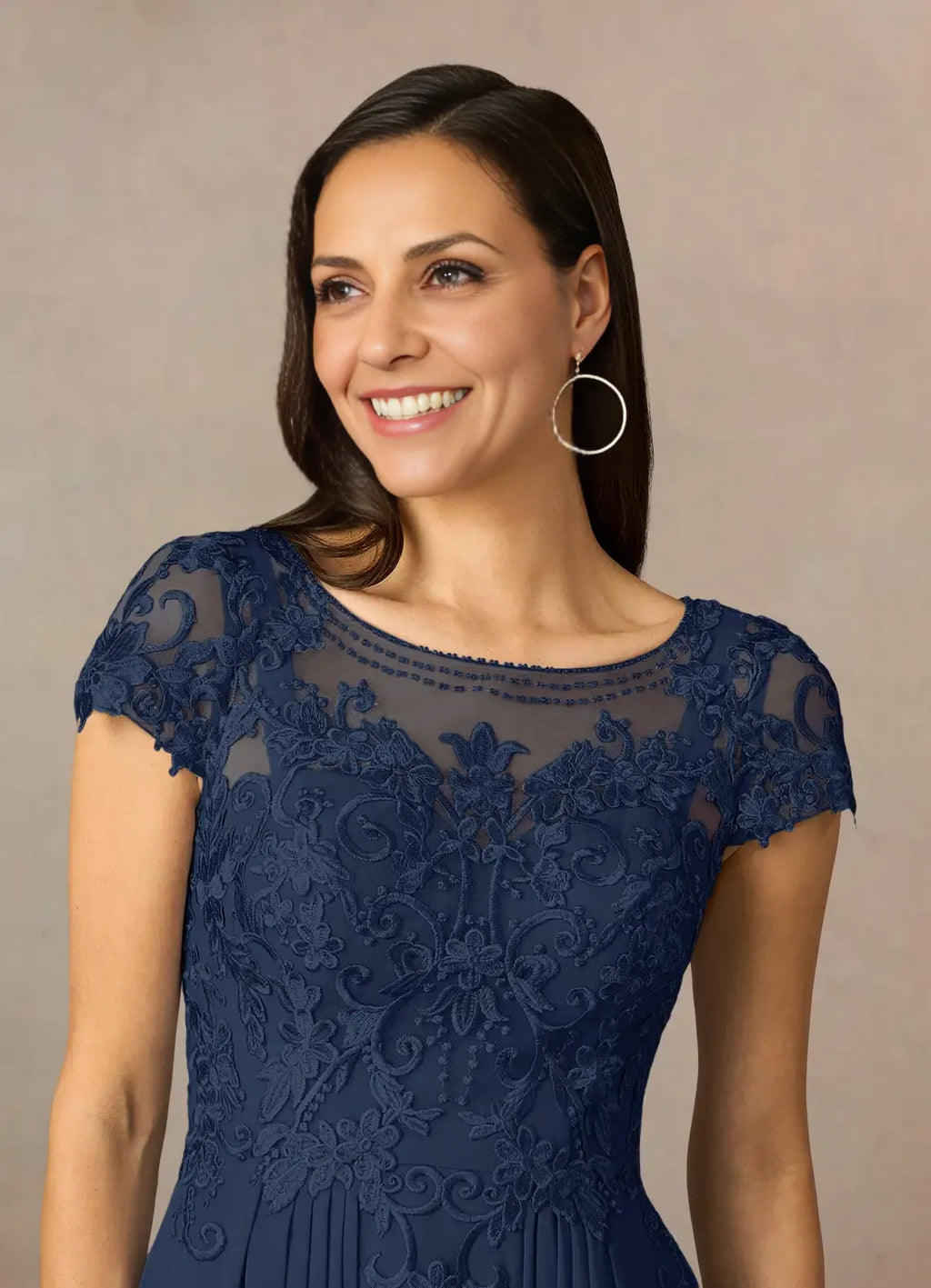 A-Line Scoop Neck Cap Sleeve Back Zip Asymmetrical-Length Mother of the Bride Dress