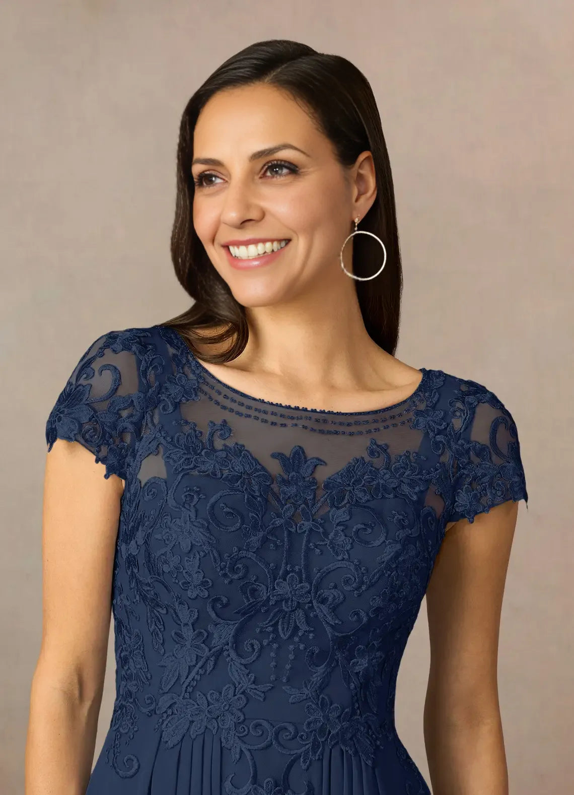 A-Line Scoop Neck Cap Sleeve Back Zip Asymmetrical-Length Mother of the Bride Dress