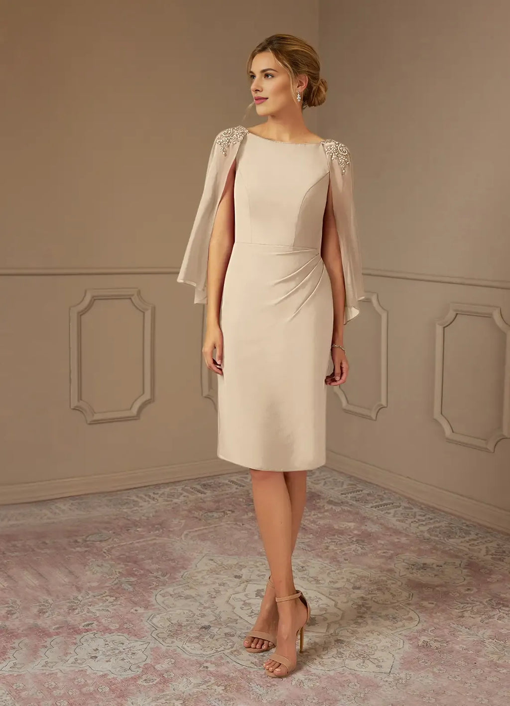 Sheath Bateau Neck Cap Sleeve Back Zip Knee-Length Mother of the Bride Dress