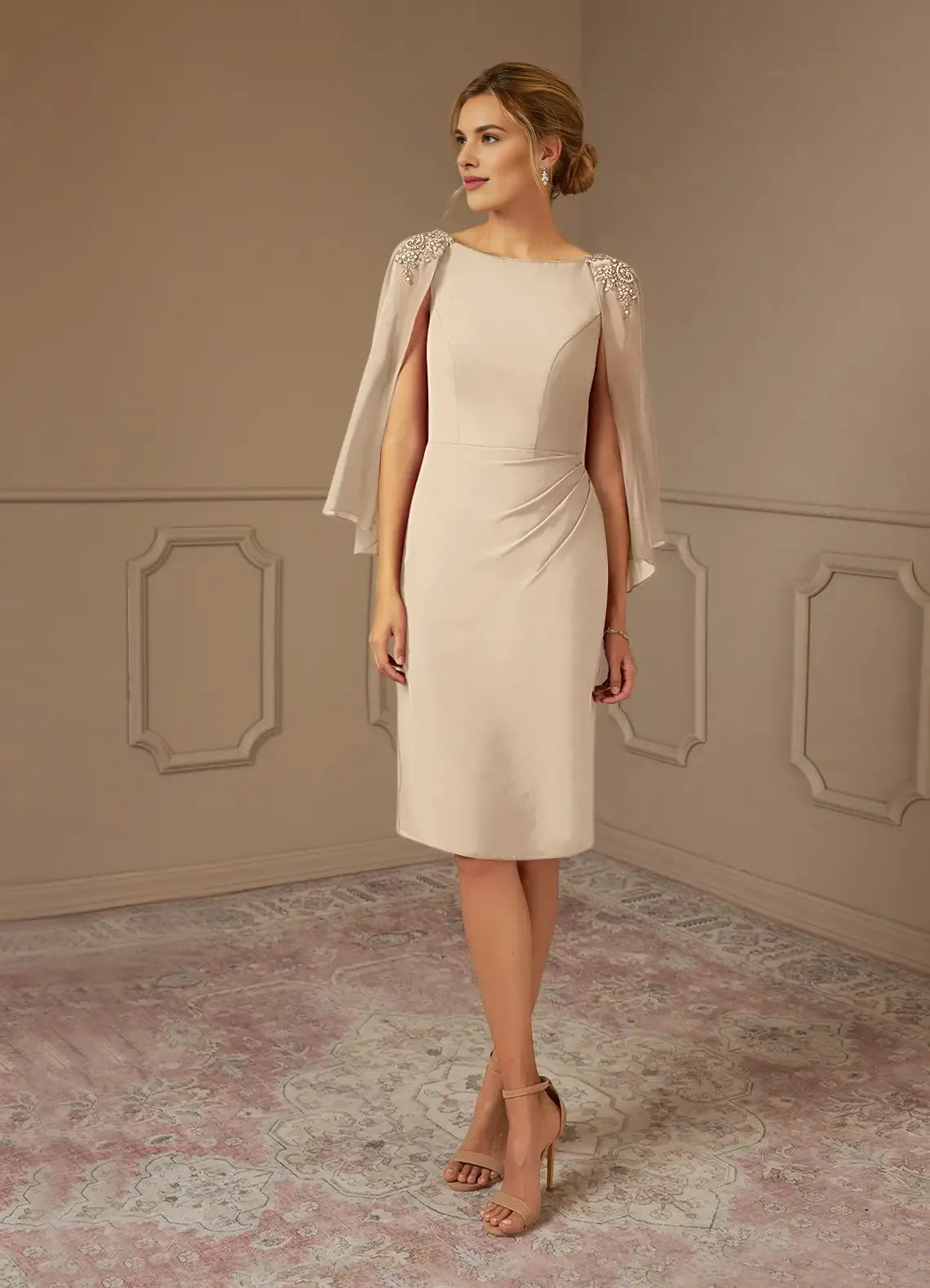 Sheath Bateau Neck Cap Sleeve Back Zip Knee-Length Mother of the Bride Dress