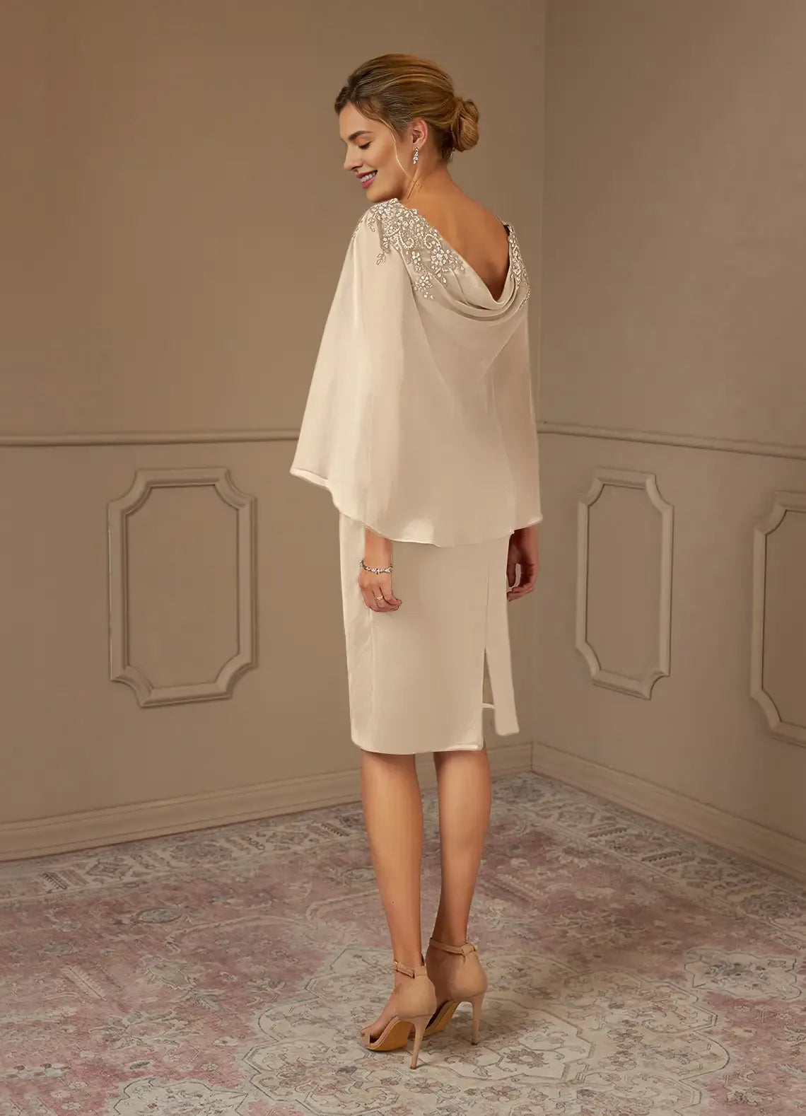 Sheath Bateau Neck Cap Sleeve Back Zip Knee-Length Mother of the Bride Dress