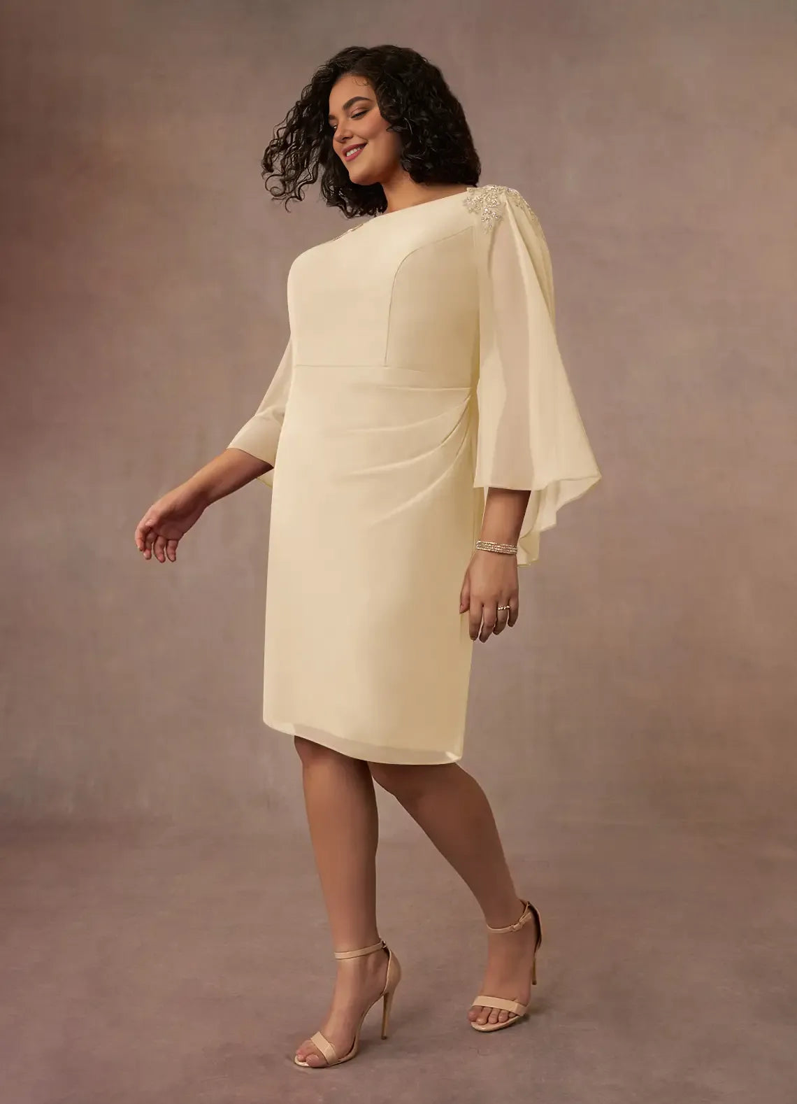 Sheath Bateau Neck Cap Sleeve Back Zip Knee-Length Plus Size Mother of the Bride Dress