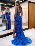 Mermaid / Trumpet Evening Gown Open Back Dress Formal Wedding Guest Sweep / Brush Train Sleeveless V Neck Tulle Backless with Slit Appliques