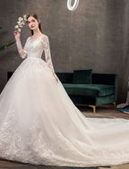 Engagement Open Back Formal Wedding Dresses Chapel Train Long Sleeve Lace With Pleats Appliques