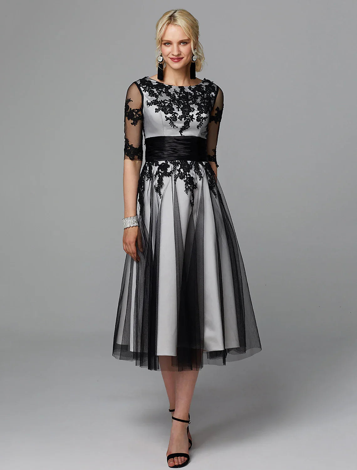 A-Line Vintage Dress Wedding Guest Cocktail Party Tea Length Half Sleeve Jewel Neck Fall Wedding Guest Lace with Sash / Ribbon Appliques