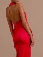Mermaid / Trumpet Evening Gown Open Back Dress Formal Christmas Sweep / Brush Train Sleeveless Halter Neck Satin with Ruched