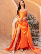 A-Line Evening Gown Celebrity Style Dress Formal Sweep / Brush Train Sleeveless V Neck Satin with Crystals