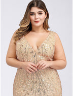 Evening Gown Plus Size Dress Wedding Guest Floor Length Sleeveless V Neck Lace V Back Appliques