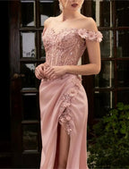A-Line Evening Gown Glittering Dress Graduation Prom Sweep / Brush Train Sleeveless Off Shoulder Satin with Sequin Slit Embroidery