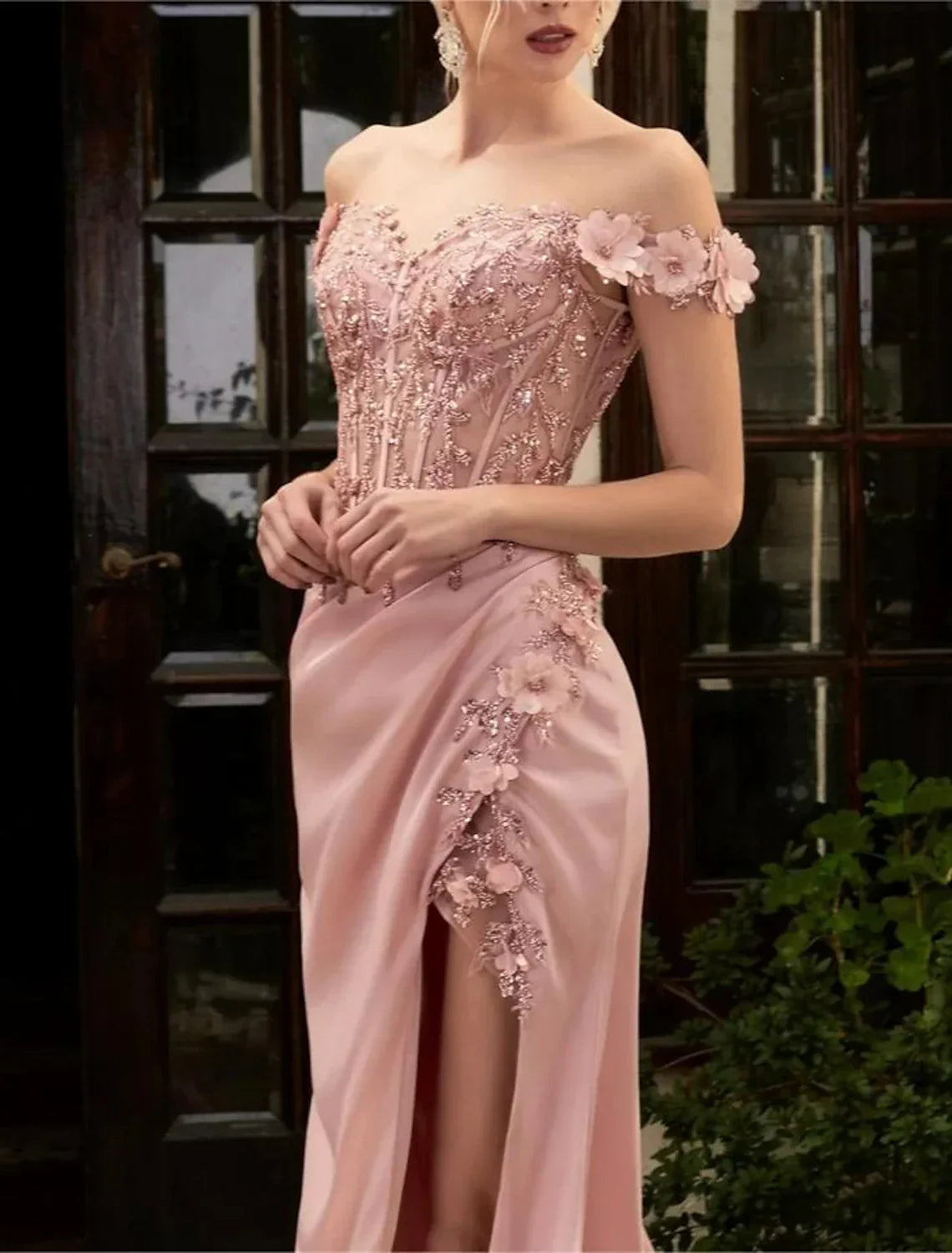 A-Line Evening Gown Glittering Dress Graduation Prom Sweep / Brush Train Sleeveless Off Shoulder Satin with Sequin Slit Embroidery
