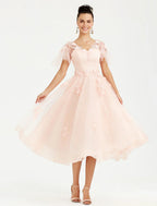 A-Line Prom Dresses Elegant Dress Wedding Guest Tea Length Short Sleeve V Neck Tulle with Appliques