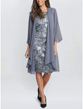 Two Piece Mother of the Bride Dress Wedding Guest Elegant Petite Scoop Neck Knee Length Chiffon Long Sleeve with Ruching Solid Color
