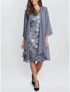 Two Piece Mother of the Bride Dress Wedding Guest Elegant Petite Scoop Neck Knee Length Chiffon Long Sleeve with Ruching Solid Color