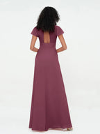 Chiffon Short-Sleeve Round Neck Ruched Bodice A-Line Floor-Length Bridesmaid Dresses