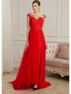 Evening Gown Elegant Dress Engagement Sleeveless Illusion Neck Lace with Slit Appliques