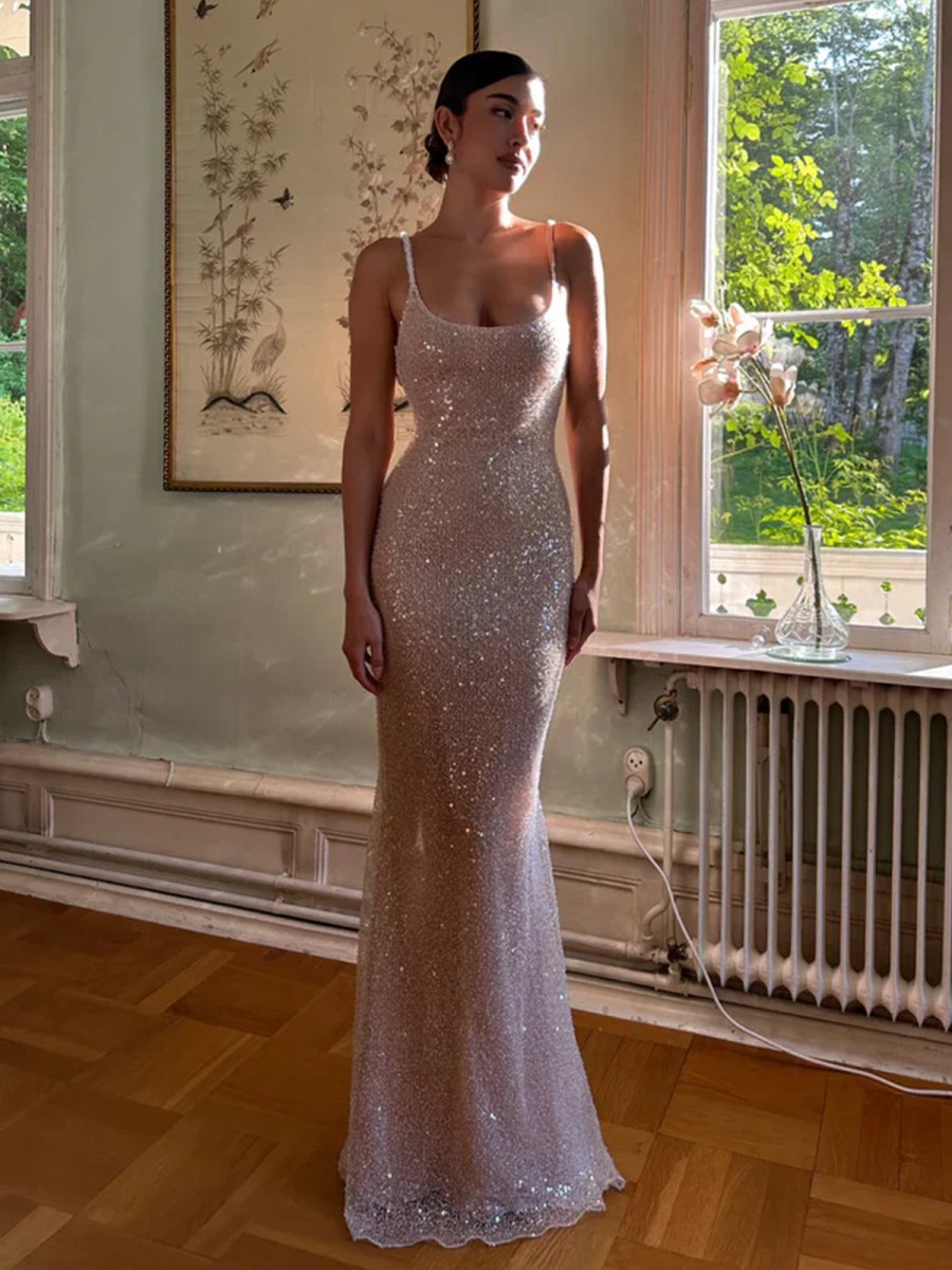 Sequin Mermaid Scoop-Neck Spaghetti-Strap Low-Back Floor-Length Prom Dress
