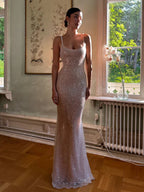 Sequin Mermaid Scoop-Neck Spaghetti-Strap Low-Back Floor-Length Prom Dress
