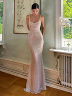 Sequin Mermaid Scoop-Neck Spaghetti-Strap Low-Back Floor-Length Prom Dress