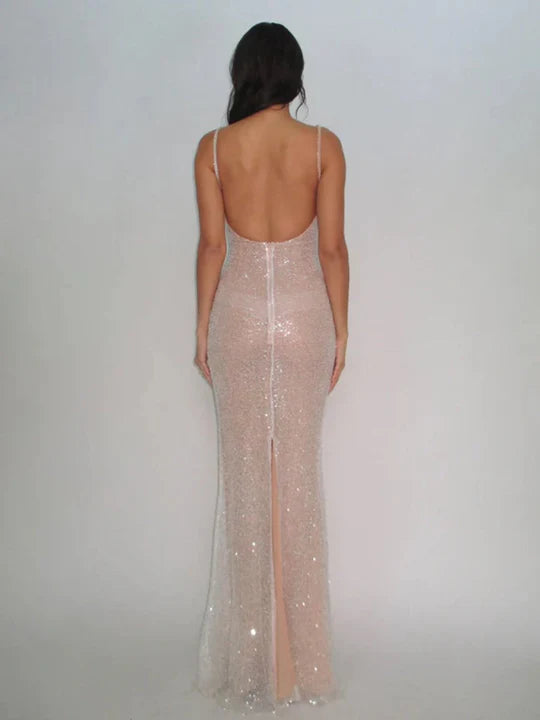 Sequin Mermaid Scoop-Neck Spaghetti-Strap Low-Back Floor-Length Prom Dress
