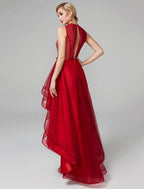 A-Line Sparkle & Shine Dress Wedding Guest Cocktail Party Asymmetrical Sleeveless Jewel Neck Satin with Bow(s) Sequin