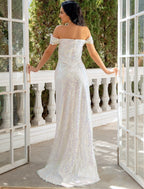 Sheath / Column Evening Gown Sexy Dress Party Wear Sweep / Brush Train Short Sleeve Off Shoulder Sequined with Sequin Slit