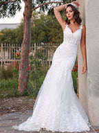 Trumpet/Mermaid Tulle V-neck Sleeveless Applique Sweep/Brush Train Wedding Dresses