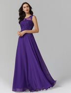 A-Line Evening Dresses Wedding Guest Floor Length Sleeveless Chiffon V Back Beading Appliques