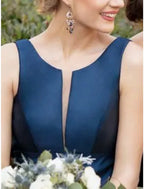 Elegant Blue Satin Sheath Bridesmaid Dress With Scoop Neck For Bridesmaids Sleeveless Floor Length Pleats