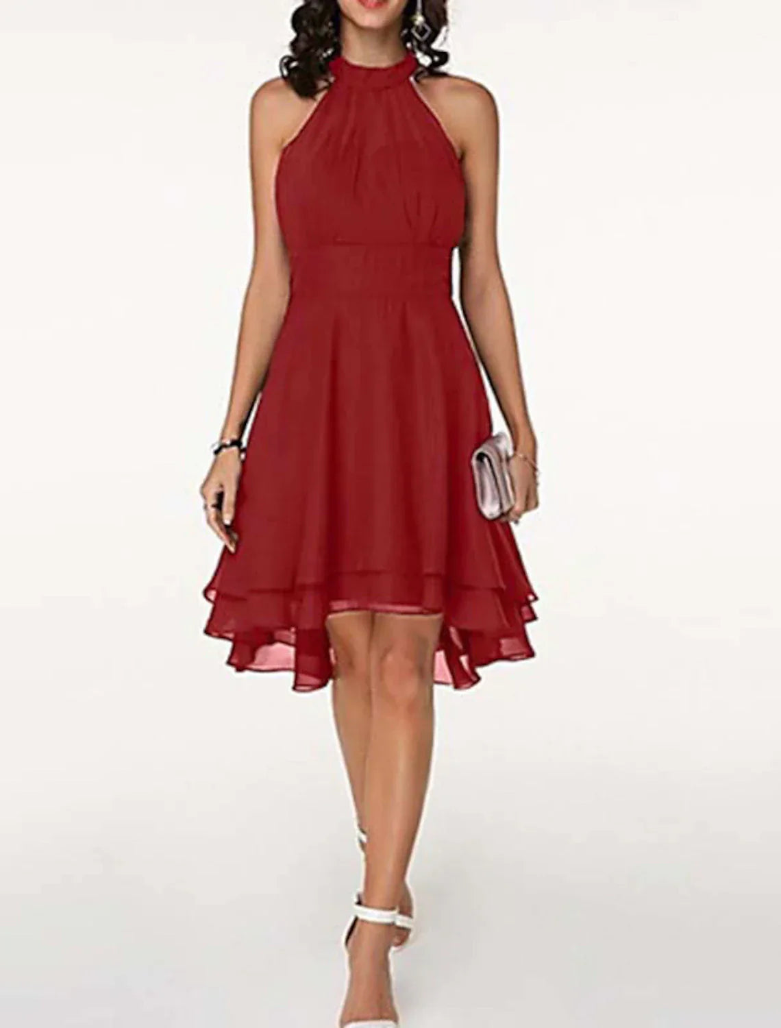 A-Line High Waisted Cocktail Party Dress Halter Neck V Back Engagement Semi-formal Dance Sleeveless Knee Length Chiffon with Sleek Tier