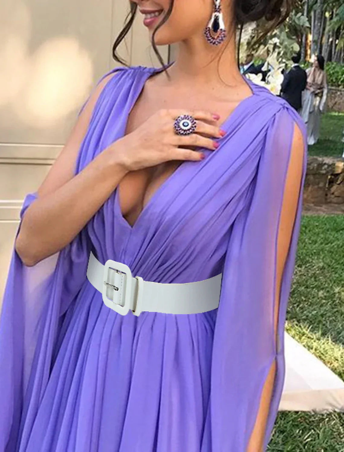 A-Line Wedding Guest Dresses Maxi Dress Wedding Party Dress Black Tie Floor Length Long Sleeve V Neck Fall Wedding Guest Chiffon with Belt