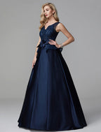 Formal Evening Dress V Neck Sleeveless Floor Length Lace with Bow(s) Beading