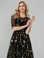 A-Line Party Dress Holiday Tea Length Half Sleeve Illusion Neck Fall Wedding Guest Organza with Embroidery Appliques