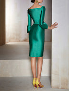 Sheath Christmas Red Green Dress Cocktail Dresses Emerald Green Elegant Dress Fall Wedding Guest Dress For Mother Formal Knee Length 3/4 Length Sleeve V Neck Satin with Sash / Ribbon Pure Color
