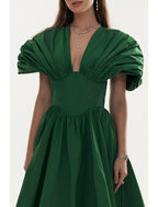 A-Line Evening Gown Elegant Christmas Red Green Dress Formal Black Dress Plus Size Fall Floor Length Short Sleeve V Neck Satin with Pleats
