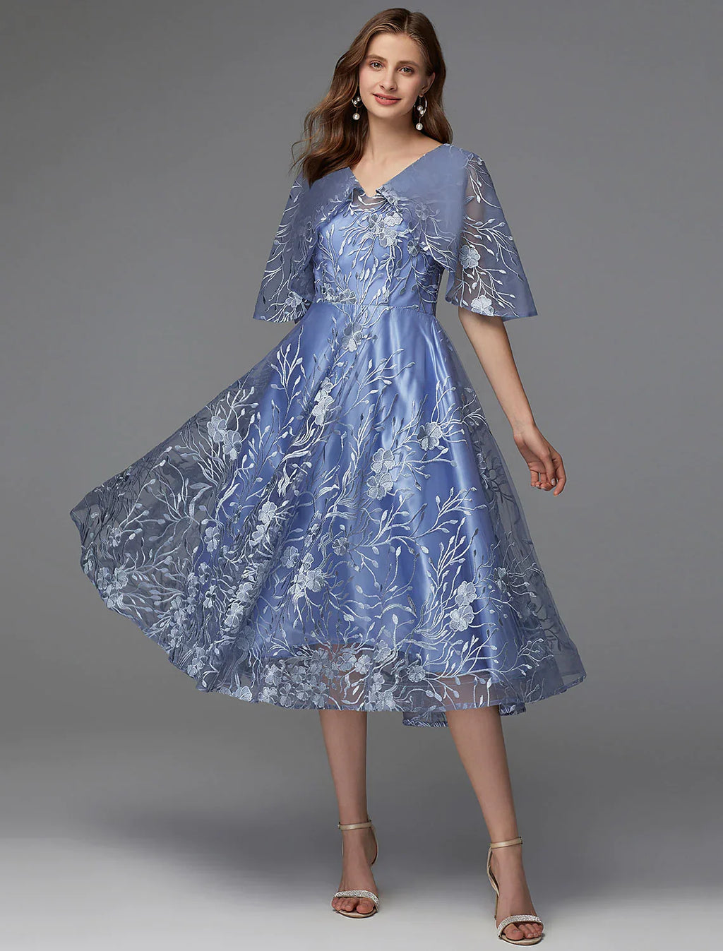 A-Line Floral Dress Wedding Guest Sleeveless V Neck Lace V Back with Pattern Print Appliques