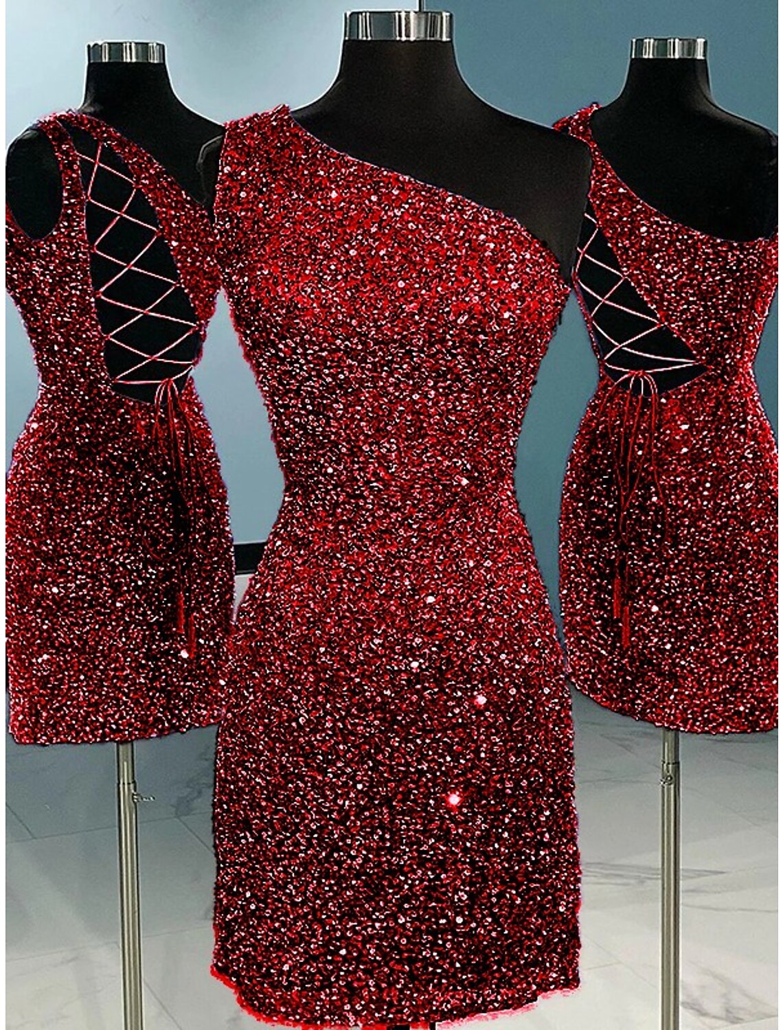 A-Line Short / Mini One Shoulder Sheath / Column Homecoming Dresses Sparkle & Shine Dress Holiday Sleeveless Sequined with Glitter Strappy