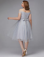 A-Line Elegant Dress Wedding Guest Cocktail Party Tea Length Short Sleeve Off Shoulder Tulle with Sash / Ribbon Criss